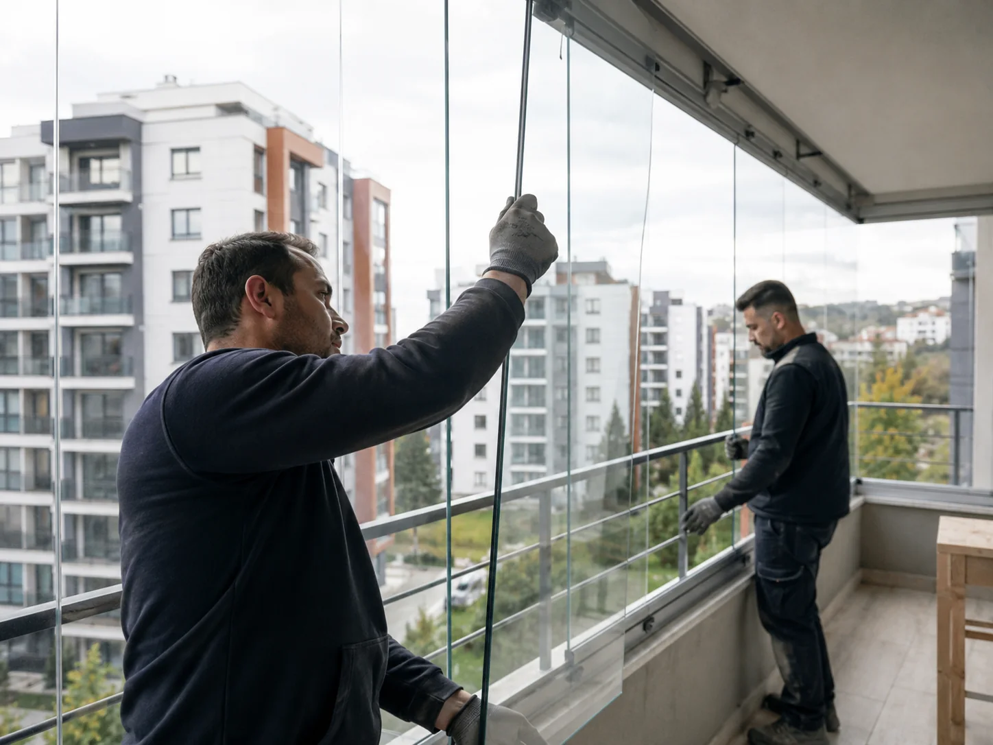 Cam balkon panellerinin montajını yapan uygulama ekibi