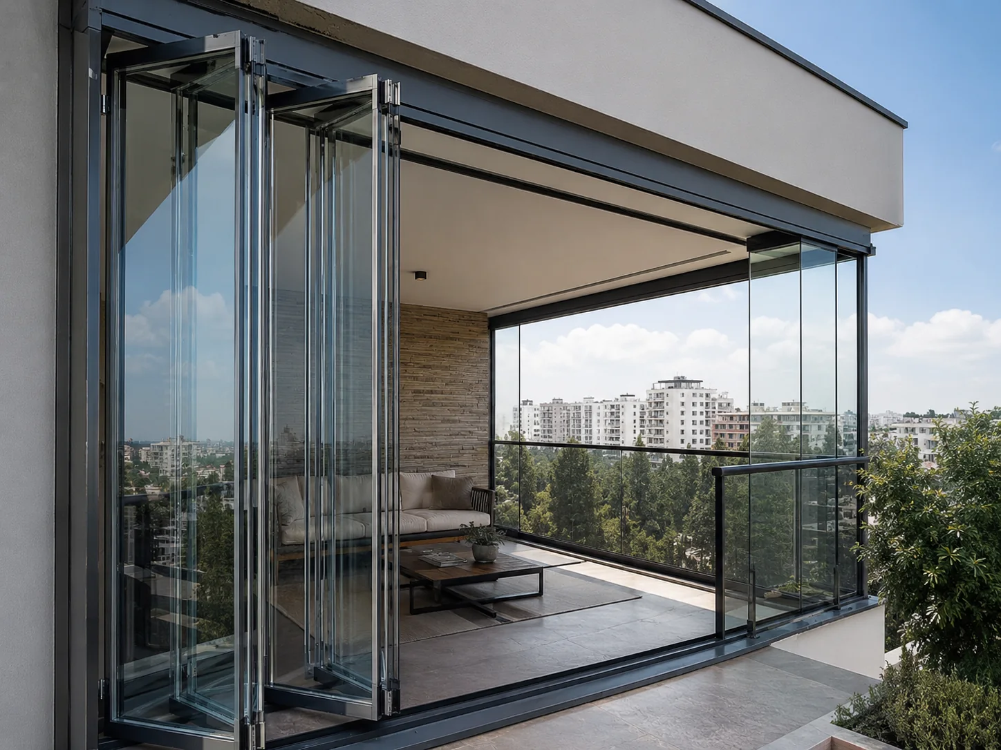 Açılır panelleri bulunan modern katlanır cam balkon sistemi